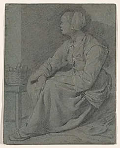 A Woman Seated Near a Basket on a Stool