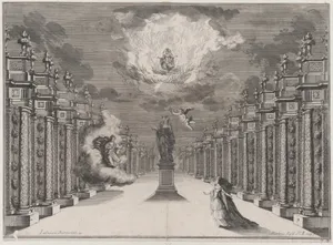A woman standing on the right side of a road lined with columns; at center a statue of a female with cupid flying nearby; to the left, a woman emerging from the clouds as another sits among flames above; set design from 'Il Fuoco Eterno'