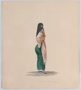 A woman wearing the saya standing in profile, from a group of drawings depicting Peruvian dress