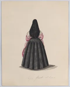 A woman wearing the saya viewed from behind, from a group of drawings depicting Peruvian dress