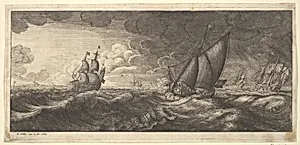 A yacht and three warships in a storm by Wenceslaus Hollar