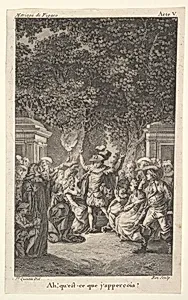 A young boy holds a torch under trees in a garden, at center a man raises both arms, surrounded by male and female figures, from a series of five illustrations after Jacques Philippe Joseph de Saint-Quentin for 'The mad day, or the marriage of Figaro' (La Folle journée, ou le mariage de Figaro) by Pierre Augustin Caron de Beaumarchais by Jacques Philippe Joseph de Saint Quentin|Claude Nicolas Malapeau