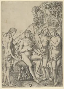 A young man, seated and playing the violin at centre, flanked by two woman holding flutes, another woman in the background