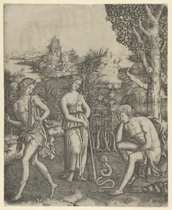 A young man sitting at right resting his head in his hand, a snake with a womans head before him, a young woman holding a pan pipes standing in the centre and a young man leaving at left