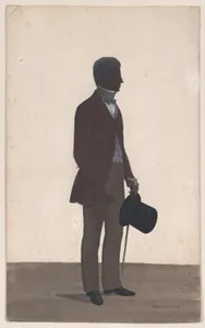 A young man, standing; full length silhouette, profile to right