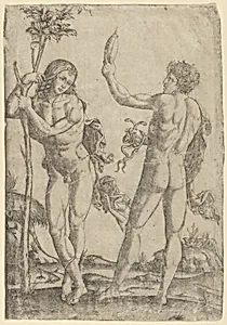 A young naked man standing at left leaning on the trunk, another seen from behind, holding two snakes in his right hand and a convex mirror in his raised left hand by Marcantonio Raimondi