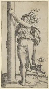 A young woman personifying Force or Strength holding a column