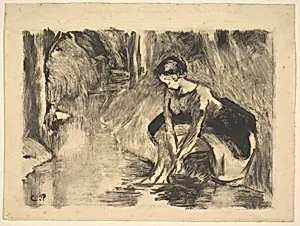 A Young Woman Washing Her Feet at the Edge of a Stream by Camille Pissarro