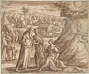 Aaron and Nadab Taking Leave of Elisheba (?), with the Israelites Camped before Mount Sinai and Moses Ascending the Mountain. by Adam van Noort