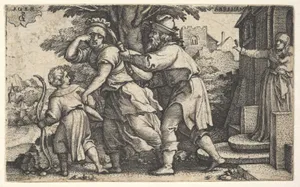 Abraham sending away Hagar and Ishmael: Abraham holds forth a vessel as Hagar and Ishmael stride before him, from the series 'The Story of Abraham'