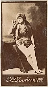 Actress holding arm aloft, from the Actresses series (N664) promoting Old Fashion Fine Cut Tobacco