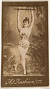 Actress holding onto metal bar above head, from the Actresses series (N664) promoting Old Fashion Fine Cut Tobacco