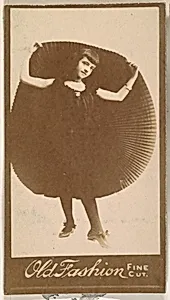 Actress holding up portion of pleated skirt, from the Actresses series (N664) promoting Old Fashion Fine Cut Tobacco