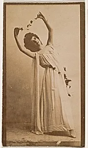 Actress holding vine above head, from the Actresses series (N664) promoting Old Fashion Fine Cut Tobacco