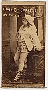 Actress in profile leaning on ornate table, from the Actors and Actresses series (N145-1) issued by Duke Sons & Co. to promote Cross Cut Cigarettes by W. Duke, Sons & Co.