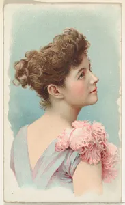 Actress in profile wearing pink feather on shoulder, from Stars of the Stage, First Series (N129) issued by W. Duke, Sons & Co. to promote Honest Long Cut Tobacco