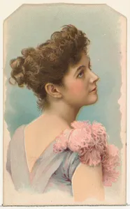 Actress in profile wearing pink feather on shoulder, from Stars of the Stage, First Series (N129) issued by W. Duke, Sons & Co. to promote Honest Long Cut Tobacco