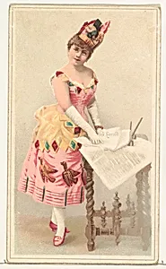 Actress pointing to page in newspaper, from Stars of the Stage, Second Series (N130) issued by Duke Sons & Co. to promote Honest Long Cut Tobacco by W. Duke, Sons & Co.|American Tobacco Company|Hyneman & Schmidt, New York