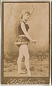 Actress posing with one arm aloft, from the Actresses series (N664) promoting Old Fashion Fine Cut Tobacco