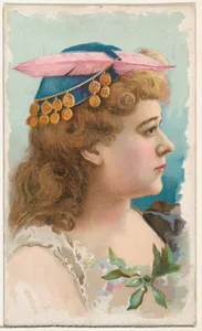Actress wearing blue cap with pink feather, from Stars of the Stage, First Series (N129) issued by W. Duke, Sons & Co. to promote Honest Long Cut Tobacco