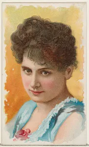 Actress wearing blue sleeveless bodice with red flower at neckline, from Stars of the Stage, First Series (N129) issued by W. Duke, Sons & Co. to promote Honest Long Cut Tobacco