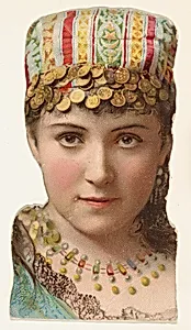 Actress wearing cap decorated with coins, from Stars of the Stage, Fourth Series (N132) issued by Duke Sons & Co. to promote Honest Long Cut Tobacco by American Tobacco Company|W. Duke, Sons & Co.