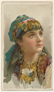 Actress wearing cloth headpiece decorated with gold coins, from Stars of the Stage, First Series (N129) issued by W. Duke, Sons & Co. to promote Honest Long Cut Tobacco
