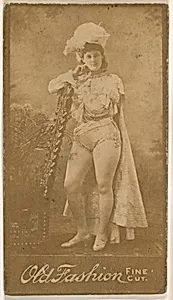 Actress wearing costume with cape, from the Actresses series (N664) promoting Old Fashion Fine Cut Tobacco