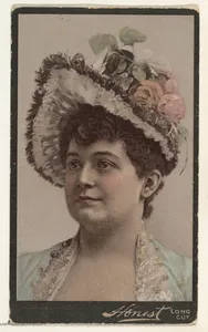Actress wearing elaborate hat with flowers, from Stars of the Stage, Third Series (N131) issued by Duke Sons & Co. to promote Honest Long Cut Tobacco