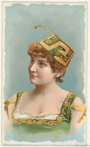 Actress wearing green and yellow fez, from Stars of the Stage, First Series (N129) issued by W. Duke, Sons & Co. to promote Honest Long Cut Tobacco