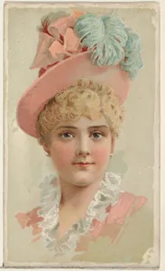 Actress wearing pink hat with blue feathers, from Stars of the Stage, First Series (N129) issued by W. Duke, Sons & Co. to promote Honest Long Cut Tobacco