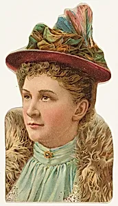 Actress wearing pink hat with multi-colored feathers, from Stars of the Stage, Fourth Series (N132) issued by Duke Sons & Co. to promote Honest Long Cut Tobacco by American Tobacco Company|W. Duke, Sons & Co.