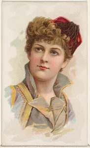 Actress wearing red fringed fez, from Stars of the Stage, First Series (N129) issued by W. Duke, Sons & Co. to promote Honest Long Cut Tobacco