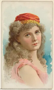 Actress wearing red silk cap with gold detailing, from Stars of the Stage, First Series (N129) issued by W. Duke, Sons & Co. to promote Honest Long Cut Tobacco