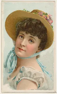 Actress wearing straw bonnet tied with blue ribbon, from Stars of the Stage, First Series (N129) issued by W. Duke, Sons & Co. to promote Honest Long Cut Tobacco
