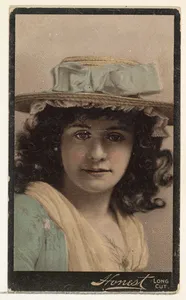 Actress wearing straw hat with blue ribbons, from Stars of the Stage, Third Series (N131) issued by Duke Sons & Co. to promote Honest Long Cut Tobacco