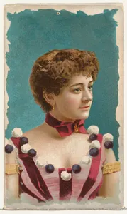 Actress wearing striped bodice decorated with black and white pompoms, from Stars of the Stage, First Series (N129) issued by W. Duke, Sons & Co. to promote Honest Long Cut Tobacco