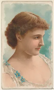 Actress wearing white sleeveless bodice with blue floral details, from Stars of the Stage, First Series (N129) issued by W. Duke, Sons & Co. to promote Honest Long Cut Tobacco