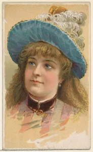 Actress wearing wide-brimmed blue hat with white feathers, from Stars of the Stage, First Series (N129) issued by W. Duke, Sons & Co. to promote Honest Long Cut Tobacco
