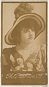 Actress wearing wide-brimmed hat with feathers, from the Actresses series (N664) promoting Old Fashion Fine Cut Tobacco