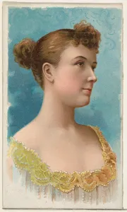 Actress wearing yellow beaded bodice, from Stars of the Stage, First Series (N129) issued by W. Duke, Sons & Co. to promote Honest Long Cut Tobacco
