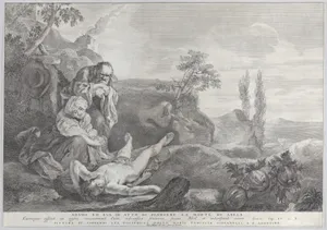 Adam and Eve at left, as an elderly couple, mourning over the corpse of Abel who lies in front of them as Cain disappears in the distance at right