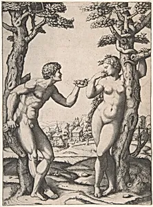 Adam and Eve flanked by two trees, a town in the background by Marcantonio Raimondi|Raphael (Raffaello Sanzio or Santi)