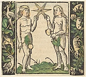 Adam and Eve Holding a Star, illustration from Beschlossen Gart des Rosenkranz Mariae by Hans Baldung (called Hans Baldung Grien)