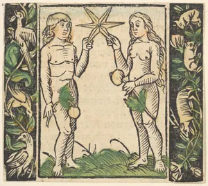 Adam and Eve Holding a Star, illustration from Beschlossen Gart des Rosenkranz Mariae