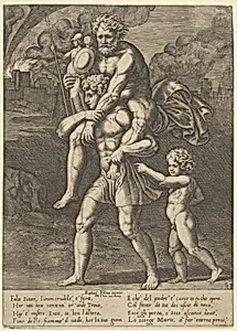 Aeneas carrying Anchises on his shoulders while Troy burns in the background by Master of the Die|Raphael (Raffaello Sanzio or Santi)|Philippe Thomassin