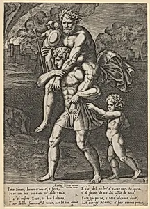 Aeneas carrying Anchises on his shoulders while Troy burns in the background by Philippe Thomassin|Master of the Die|Raphael (Raffaello Sanzio or Santi)
