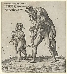Aeneas rescuing Anchises, a young boy carrying a lantern at left by Giovanni Jacopo Caraglio|Raphael (Raffaello Sanzio or Santi)