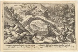 Aftermath of the Flood: human bodies strewn on dry land in the foreground, Noah's ark moored on a rocky outcrop beyond, from "Liber Genesis"