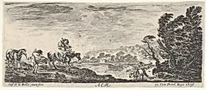Air, a landscape during a hurricane, three horsemen battling the wind, a mass of trees to the right, from 'The four elements' (Les quatre Eléments) by Stefano della Bella